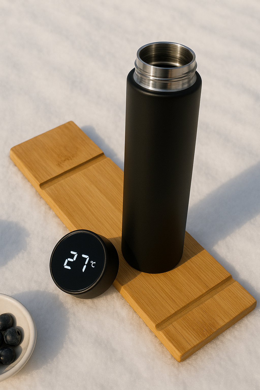 Bouteille isotherme noire en acier inoxydable avec écran LED affichant la température 27°C, posée ouverte sur un plateau en bois clair.