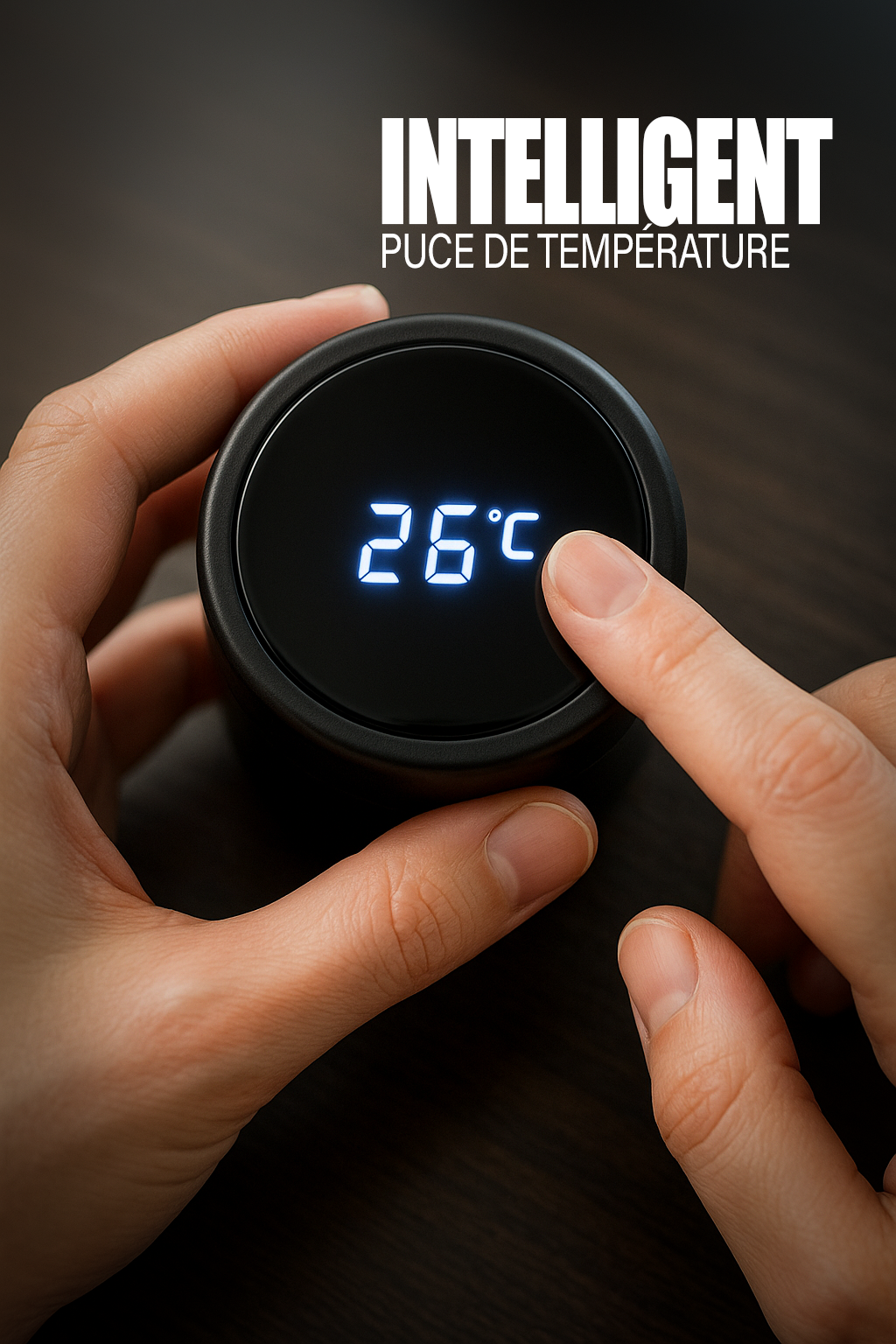 Mains tenant le bouchon de la bouteille isotherme Siplowon avec écran LED affichant la température 26°C, bouton tactile en cours d’utilisation sur fond de table en bois foncé, texte « INTELLIGENT PUCE DE TEMPÉRATURE » en haut à droite